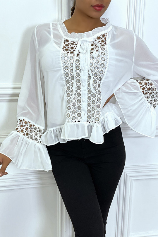 White transparent blouse with eyelets and ruffles - 4