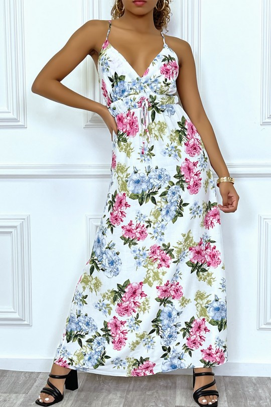 Long white floral summer dress with neckline - 1