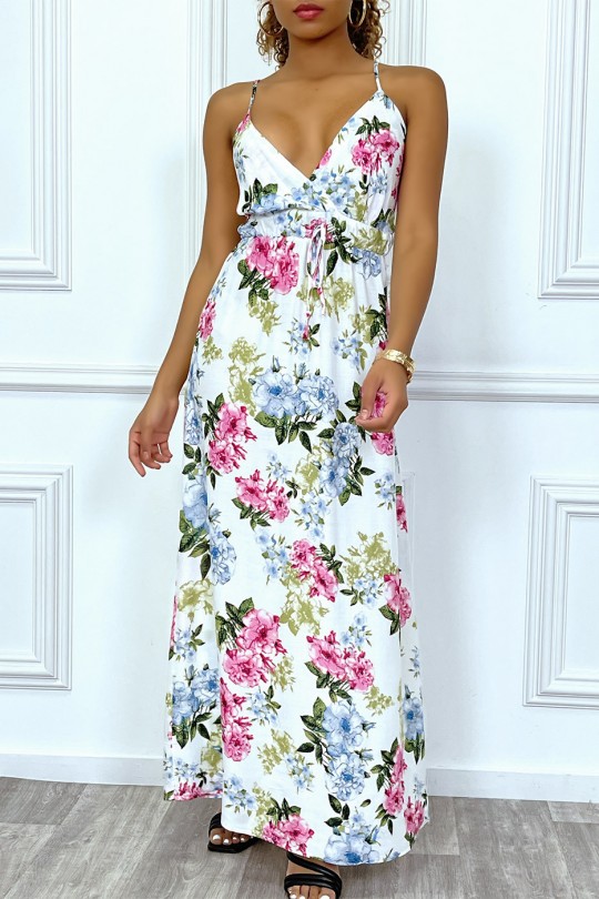 Long white floral summer dress with neckline - 2
