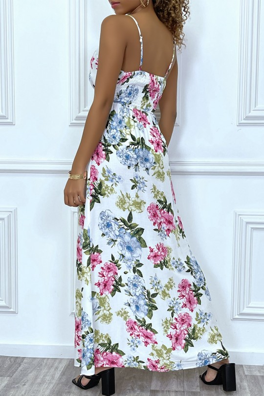 Long white floral summer dress with neckline - 4