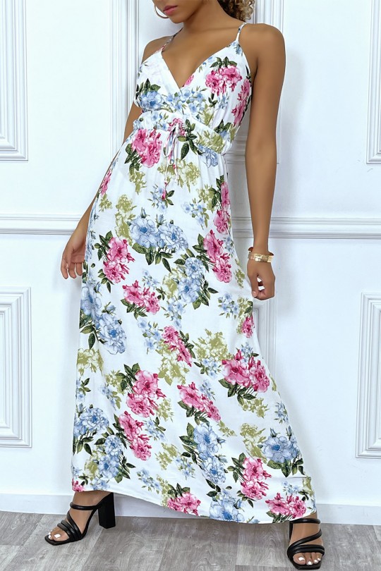 Long white floral summer dress with neckline - 5