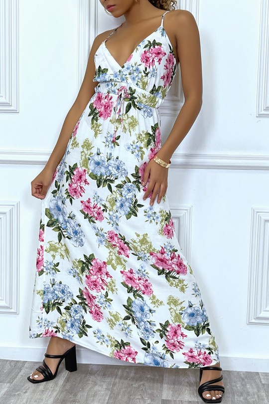 Long white floral summer dress with neckline - 6