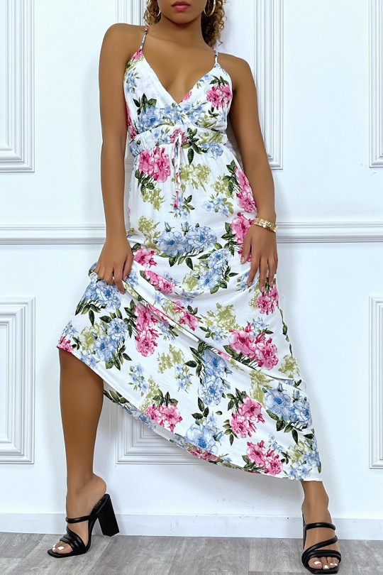 Long white floral summer dress with neckline - 7
