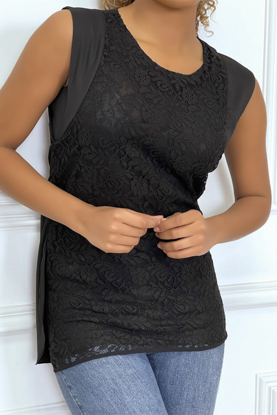 Black asymmetric top with round neck and openwork pattern - 3