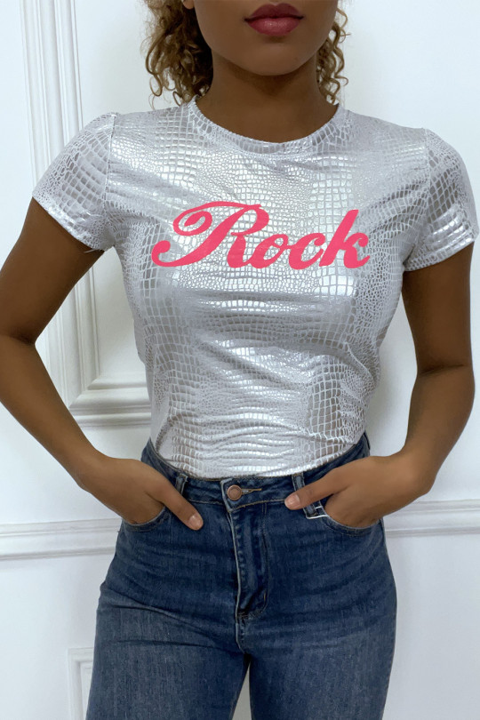 T-shirt blanc écriture  "Rock" en fuchsia effet serpent - 1