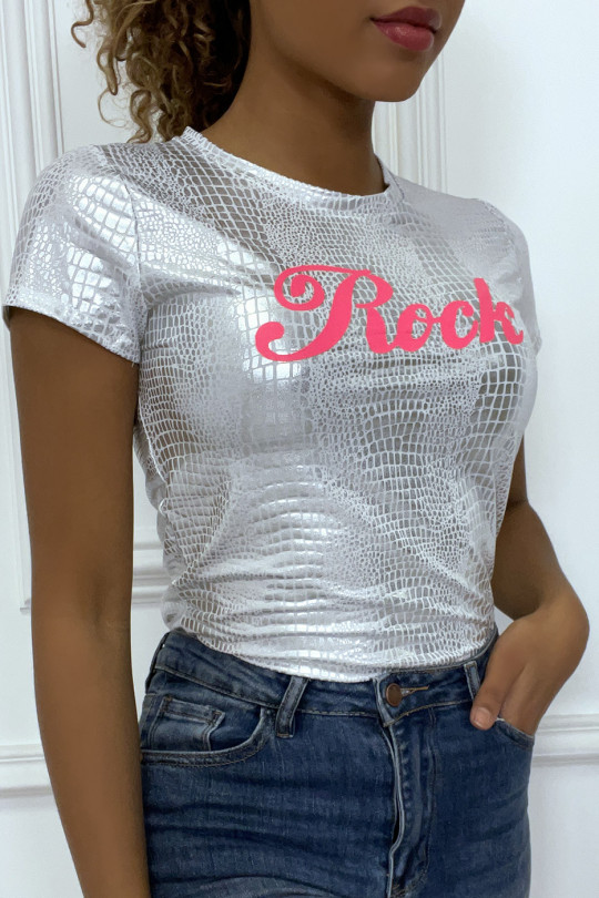 T-shirt blanc écriture  "Rock" en fuchsia effet serpent - 2