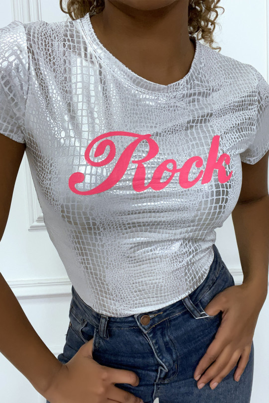 T-shirt blanc écriture  "Rock" en fuchsia effet serpent - 4