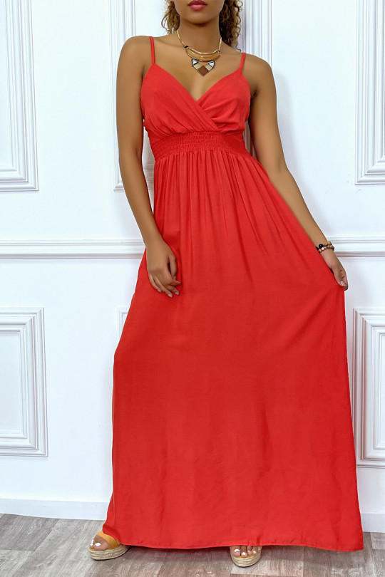 Long red dress with wrap neckline and tight at the waist - 1