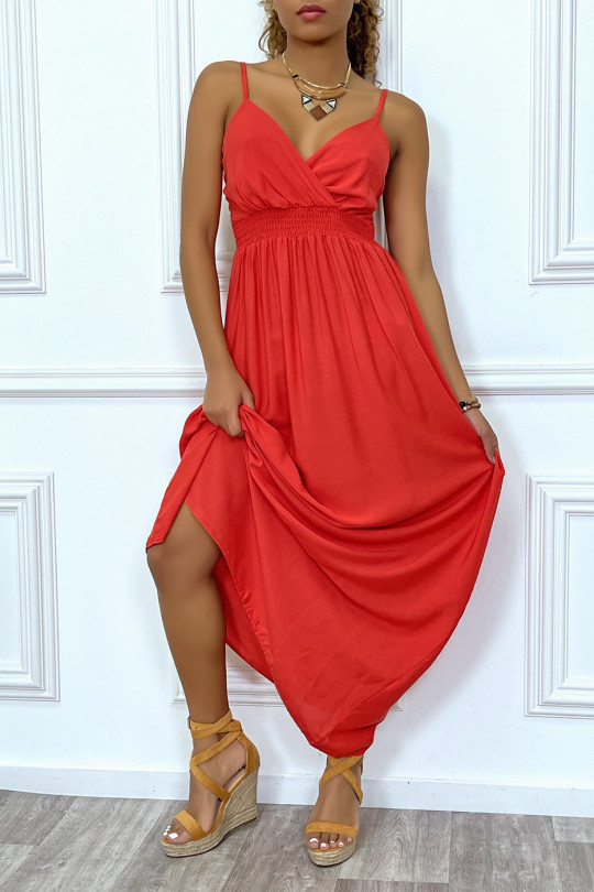 Long red dress with wrap neckline and tight at the waist - 2