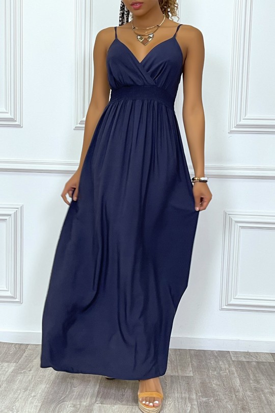 Long navy dress with wrap neckline and tight waist - 2
