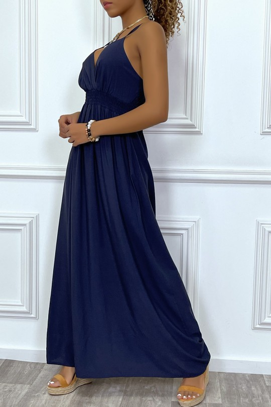 Long navy dress with wrap neckline and tight waist - 4