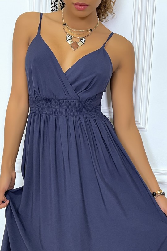 Long navy dress with wrap neckline and tight waist - 7