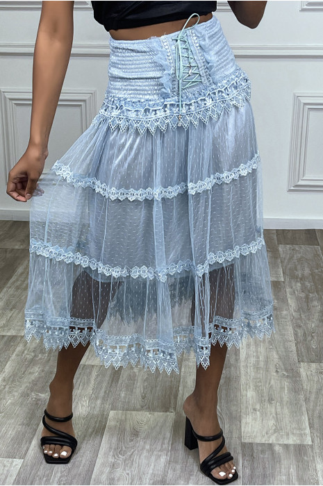 Jupe turquoise avec tulle à pois et dentelle - 3