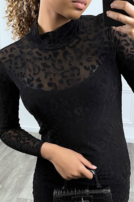 Robe courte transparente léopard noire, très tendance - 4