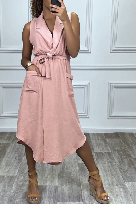 Long pink wrap style dress with collar - 1