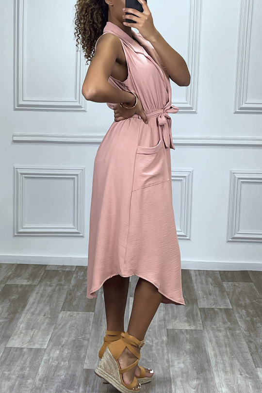 Long pink wrap style dress with collar - 3