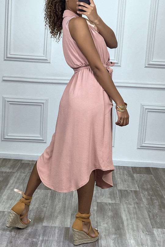 Long pink wrap style dress with collar - 4