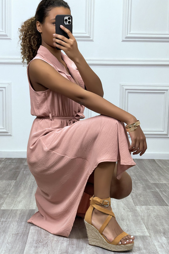 Long pink wrap style dress with collar - 6