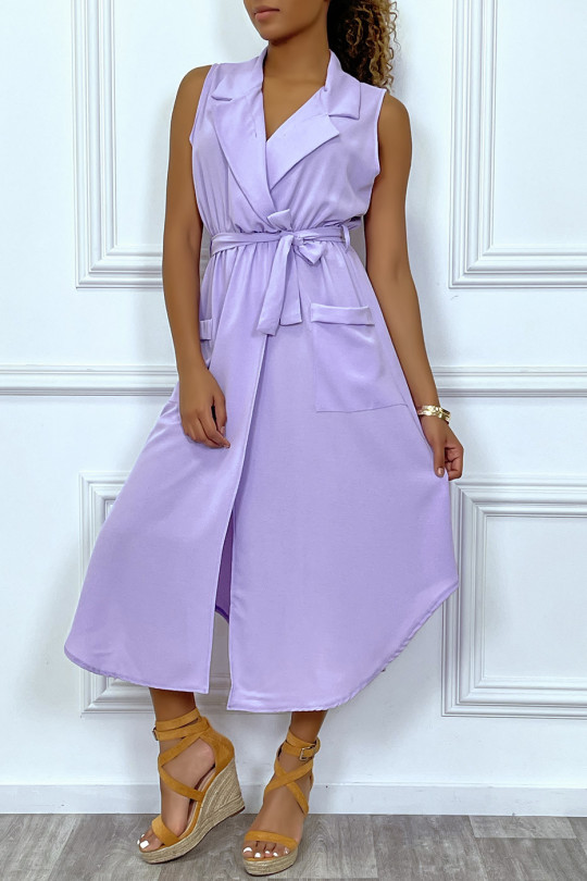 Robe longue violette style portefeuille avec col - 1