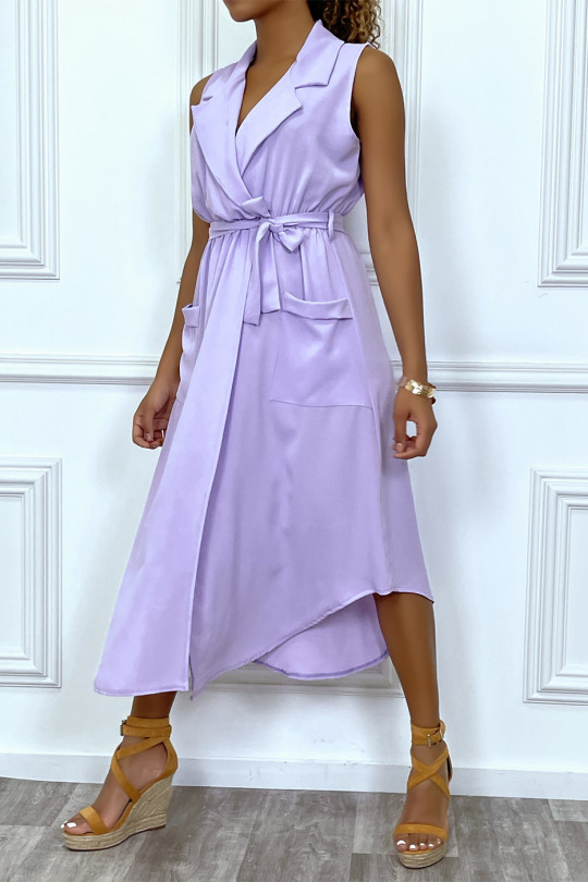 Robe longue violette style portefeuille avec col - 3