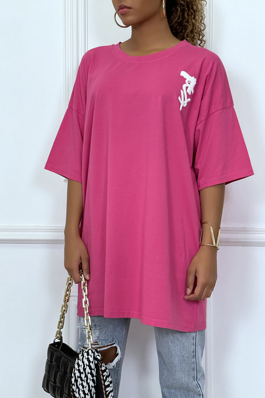Tee-shirt oversize fuchsia tendance avec dessin en coton - 1