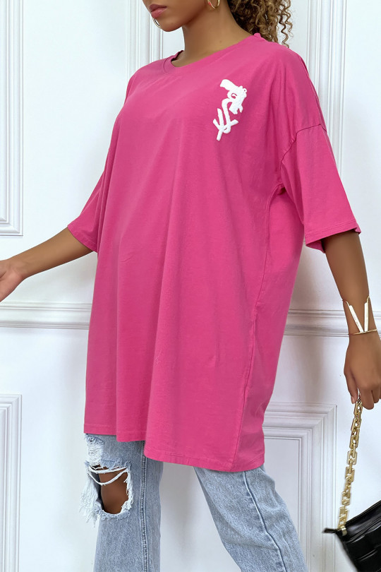 Tee-shirt oversize fuchsia tendance avec dessin en coton - 2