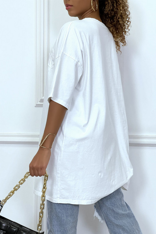 Tee-shirt oversize blanc tendance avec dessin en coton - 4