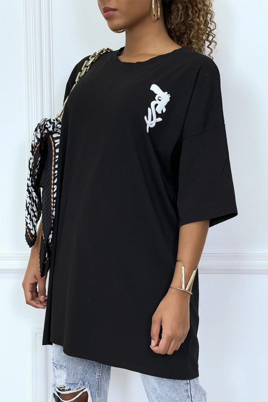 Tee-shirt oversize noir tendance avec dessin en coton - 5