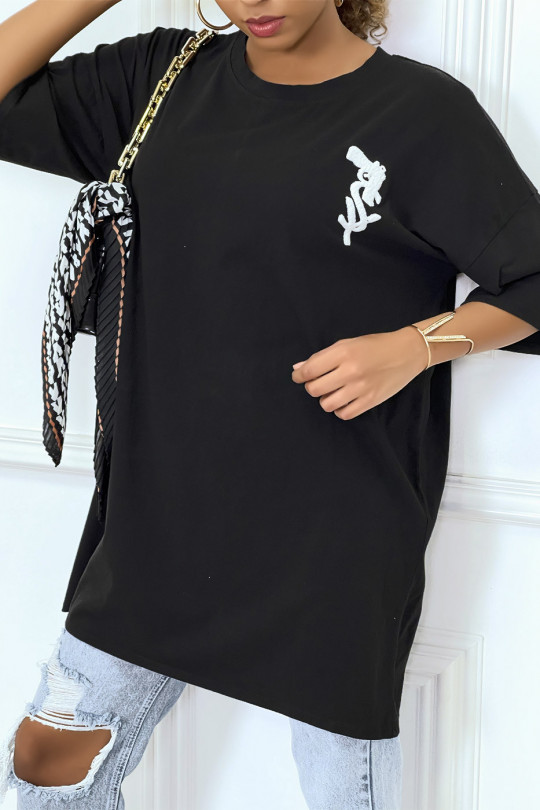 Tee-shirt oversize noir tendance avec dessin en coton - 6