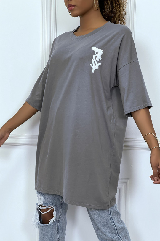 Tee-shirt oversize anthracite tendance avec dessin en coton - 2