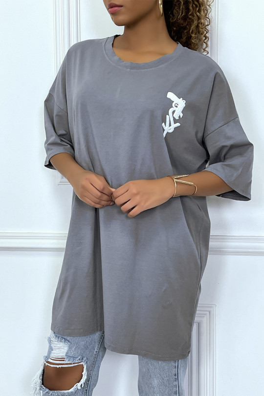 Trendy charcoal oversized T-shirt with cotton design - 5