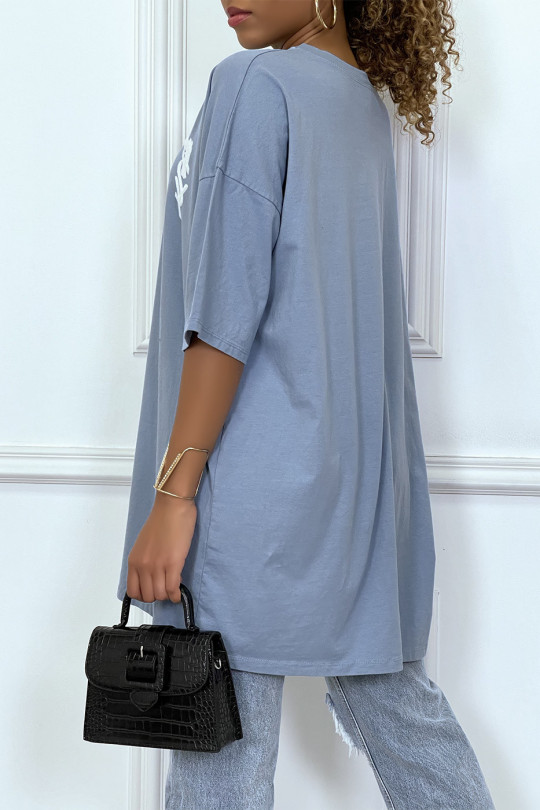Trendy blue oversized T-shirt with cotton design - 4