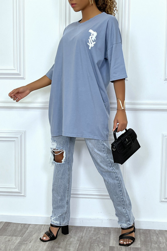 Tee-shirt oversize bleu tendance avec dessin en coton - 5