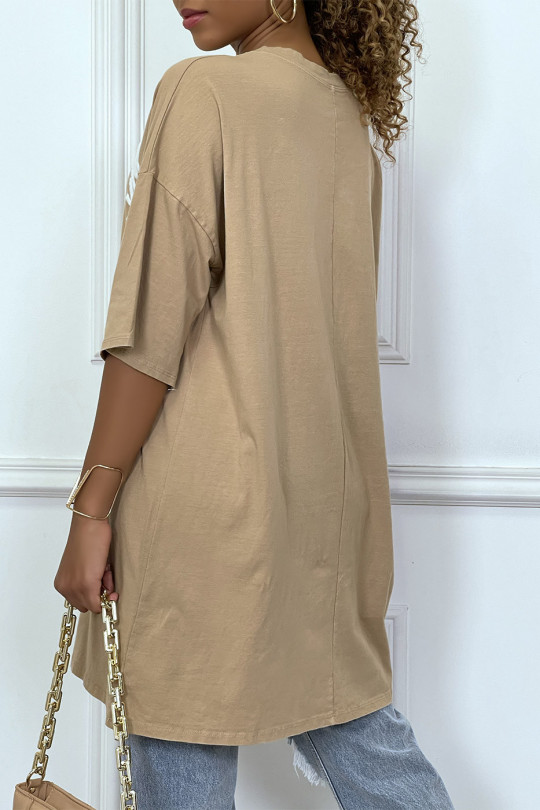 Tee-shirt oversize camel tendance avec dessin en coton - 5
