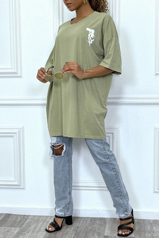 Tee-shirt oversize kaki tendance avec dessin en coton - 3