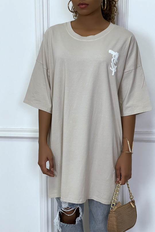 Trendy beige oversized T-shirt with cotton design - 1