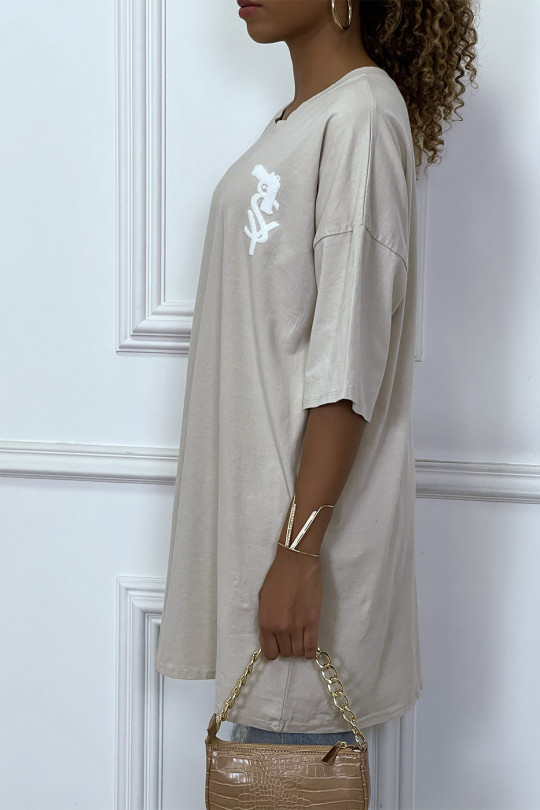 Trendy beige oversized T-shirt with cotton design - 2