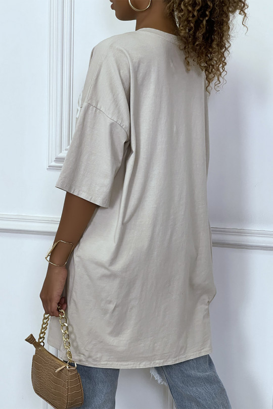 Trendy beige oversized T-shirt with cotton design - 3
