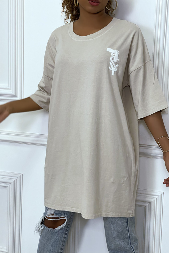 Trendy beige oversized T-shirt met katoenen dessin - 5
