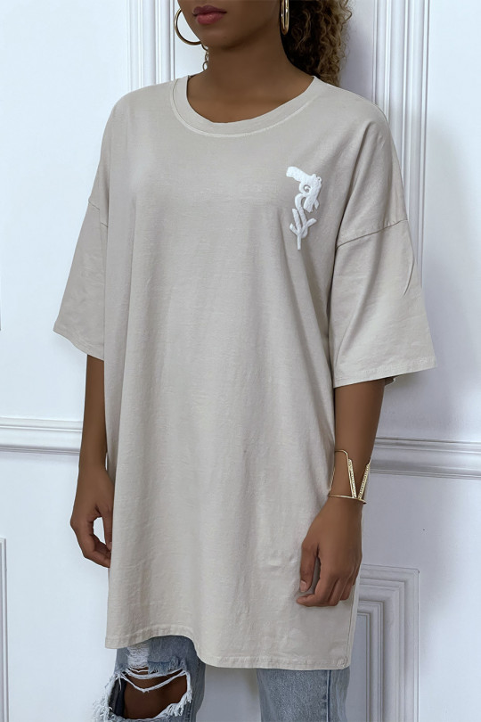 Trendy beige oversized T-shirt met katoenen dessin - 6