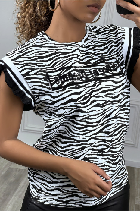 T-shirt met zebraprint en ruches op de schouders - 4