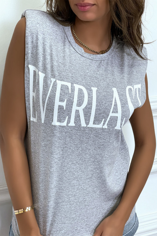 Tee-shirt sans manches gris avec épaulettes, écriture "everlast" - 5
