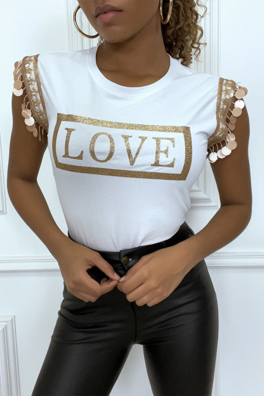 T-shirt blanc "LOVE" avec détails strass rose gold aux manches - 3