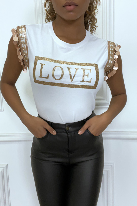 T-shirt blanc "LOVE" avec détails strass rose gold aux manches - 4