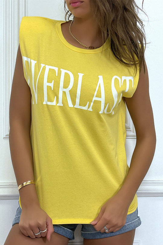 Tee-shirt sans manches jaune avec épaulettes, écriture "everlast" - 3