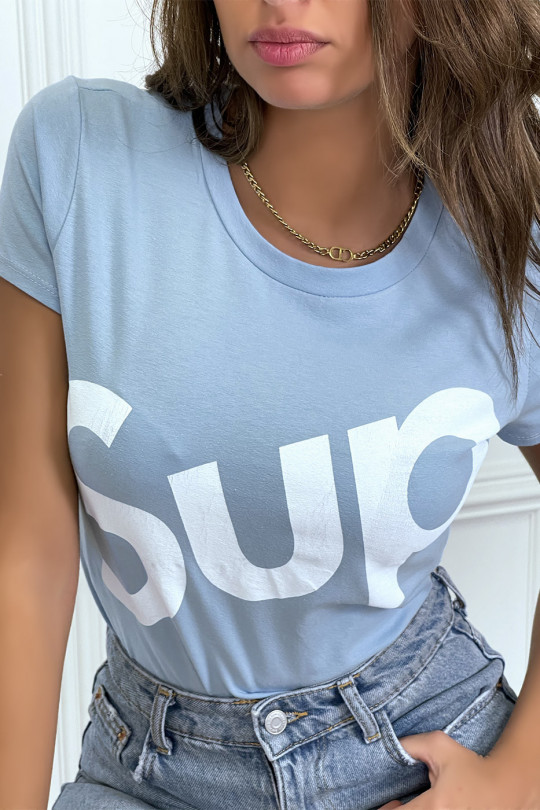 T-shirt écriture "sup" turquoise manches courtes - 1