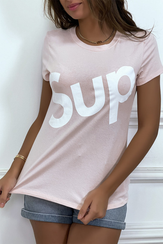 T-shirt écriture "sup"rose manches courtes - 4