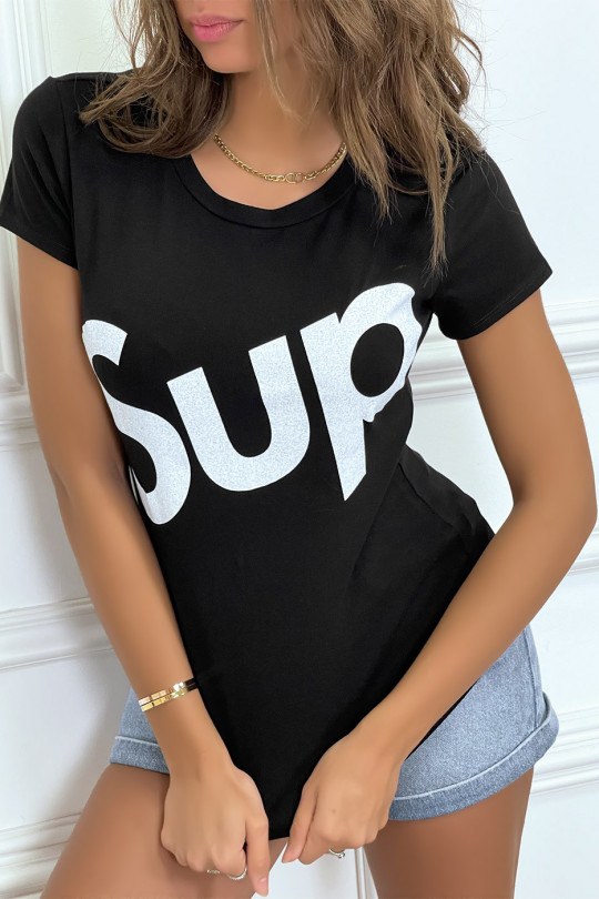 T-shirt écriture "sup" noir manches courtes - 1