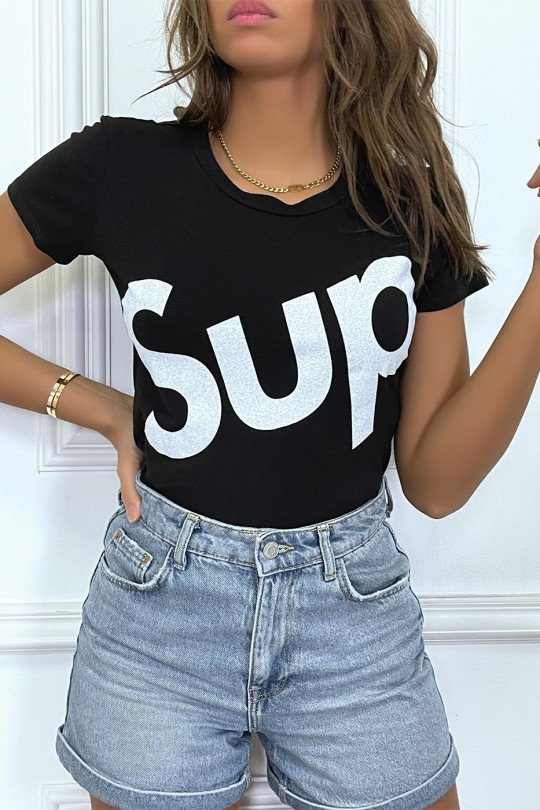 T-shirt écriture "sup" noir manches courtes - 3