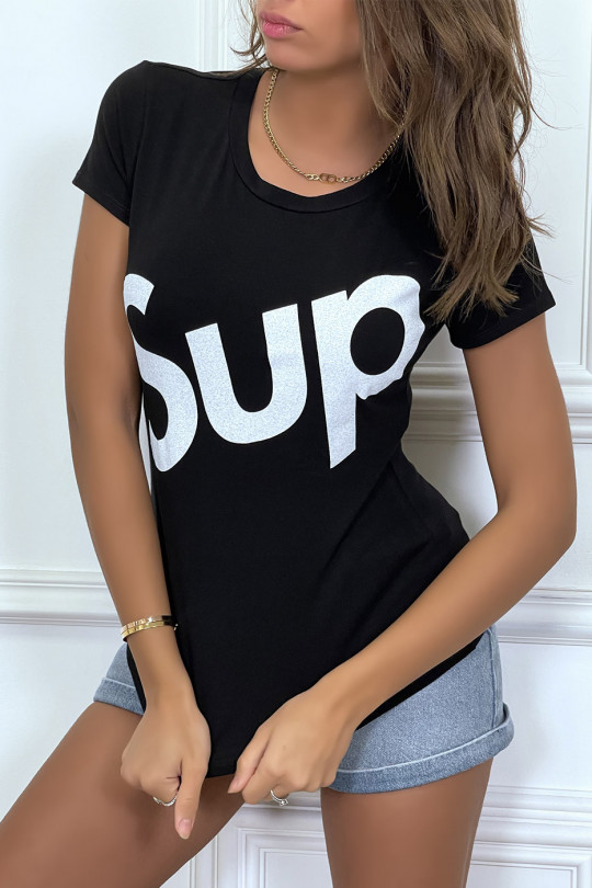 T-shirt écriture "sup" noir manches courtes - 5